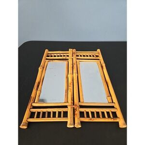 VTG Bamboo Rattan‎ Tabletop Vanity Mirror Folding 2 Sides Jewelry Holder Boho